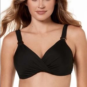Miraclesuit Solid Plunge Underwire Black Bikini Swim Top Size 36D NWOT